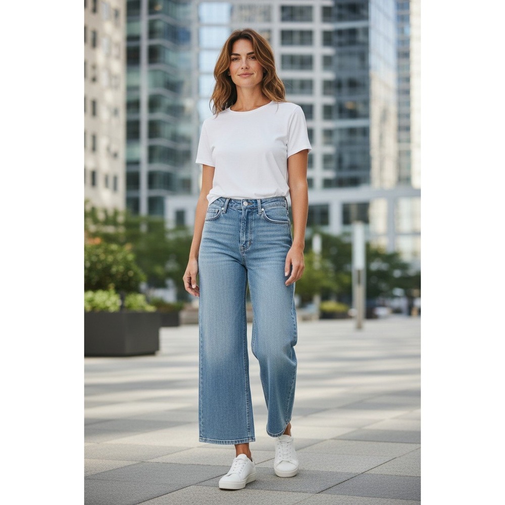 CQY Womens High Rise Wide Leg Jeans Light Wash Blue Denim Size 27